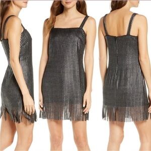 Sho by Tadashi Shoji Black Sheath Mini Metallic Fringe Dress